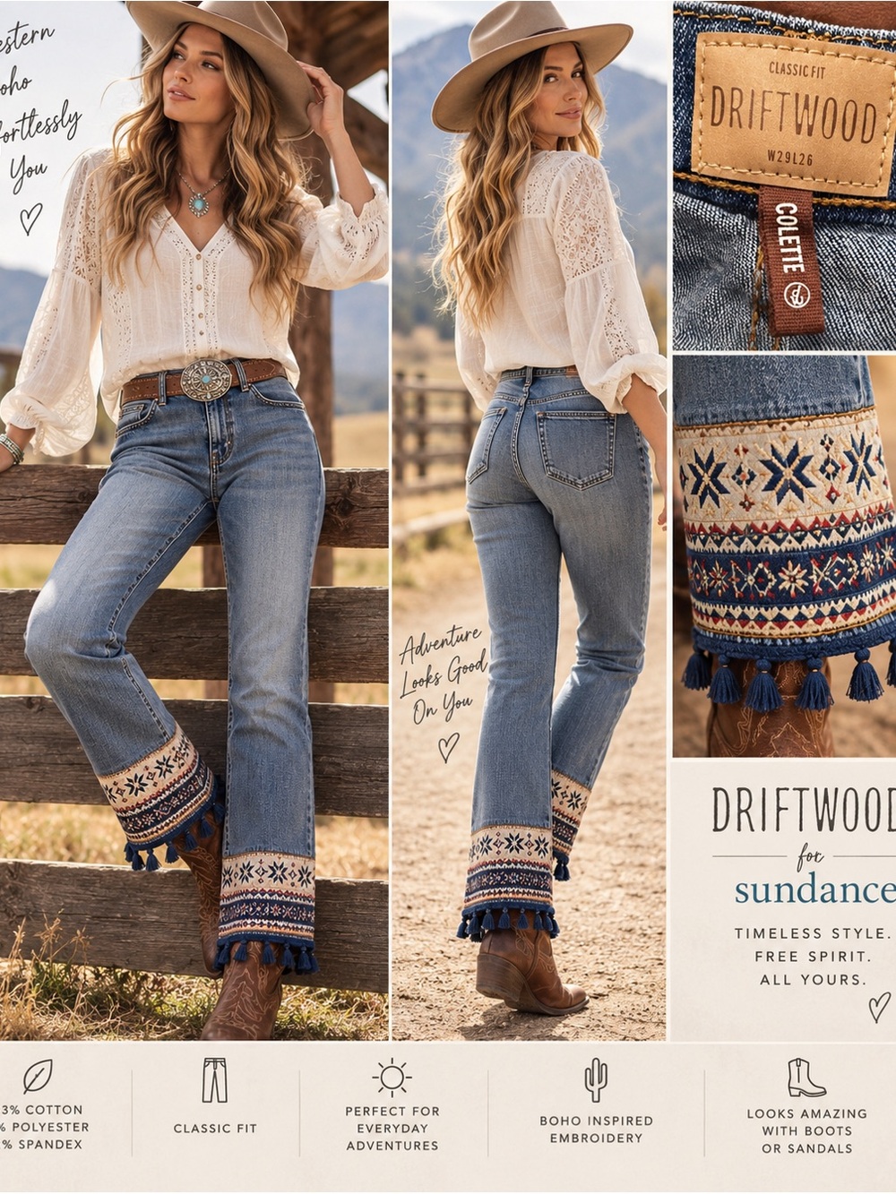 Driftwood Sundance Embroidered Cuff Jeans Size 29 NWT Boho Western Fringe